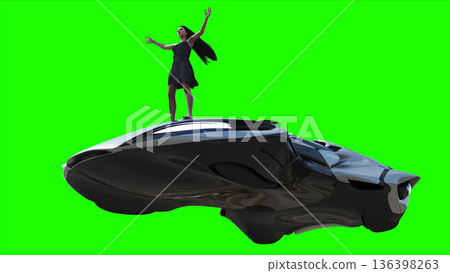 Flying futuristic car and a woman with hair blowing in the wind. reflections on the car body. green screen isolate. 3d rendering. 136398263
