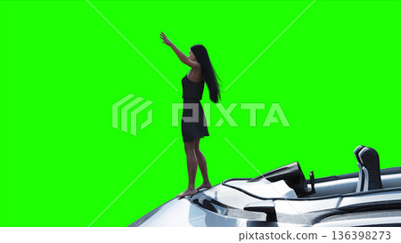 Flying futuristic car and a woman with hair blowing in the wind. reflections on the car body. green screen isolate. 3d rendering. 136398273