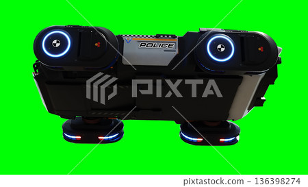 Futuristic cyber police flying car. realistic dynamic reflections on the car body. green screen isolate. 3d rendering. 136398274