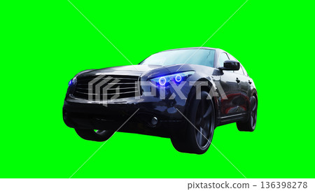 Luxury black sport suv, car driving fast. realistic dynamic reflections on the car body. green screen isolate. 3d rendering. 136398278