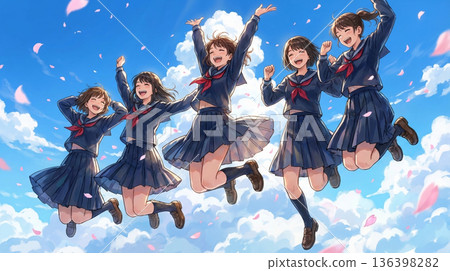 五名身穿水手服的高中女生在藍天櫻花下跳躍 136398282