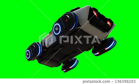 Futuristic cyber police flying car. realistic dynamic reflections on the car body. green screen isolate. 3d rendering. Futuristic cyber police flying car. realistic dynamic reflections on the car body. green screen isolate. 3d rendering. 136398283