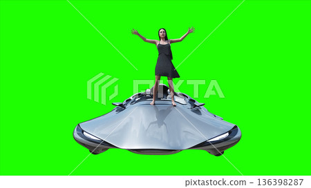 Flying futuristic car and a woman with hair blowing in the wind. reflections on the car body. green screen isolate. 3d rendering. 136398287