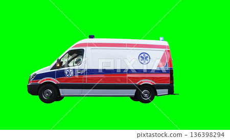 Ambulance green screen isolate. Realistic flashing lights. 3d rendering. 136398294