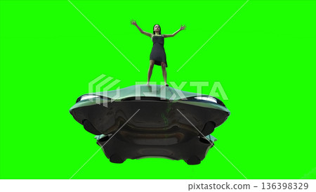 Flying futuristic car and a woman with hair blowing in the wind. reflections on the car body. green screen isolate. 3d rendering. Flying futuristic car and a woman with hair blowing in the wind. reflections on the car body. green screen isolate. 3d rendering. 136398329