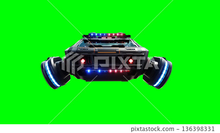 Futuristic cyber police flying car. realistic dynamic reflections on the car body. green screen isolate. 3d rendering. 136398331