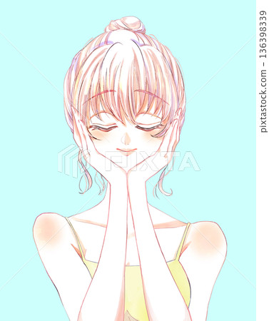 梳著髮髻、閉著眼睛、雙手摀臉、身穿吊帶背心的女子 136398339