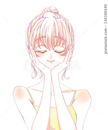 梳著髮髻、閉著眼睛、雙手摀臉、身穿吊帶背心的女子 136398340