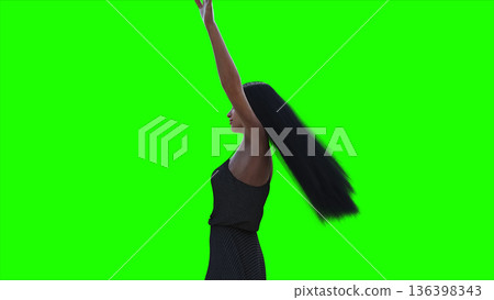 A woman with hair blowing in the wind . realistic dynamic . green screen isolate. 3d rendering. 136398343