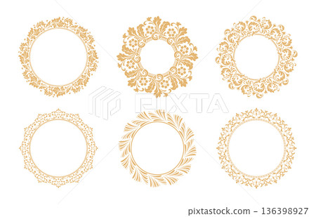 Set of decorative frames Elegant vector element for design in Eastern style, place for text. Floral golden and white frames. Lace illustration for invitations and greeting cards Set of decorative frames Elegant vector element for design in Eastern style, place for text. Floral golden and white frames. Lace illustration for invitations and greeting cards 136398927