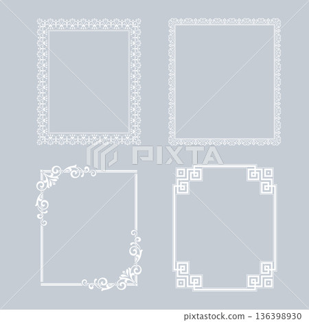 Set of decorative frames Elegant vector element for design in Eastern style, place for text. Floral gray and white frames. Lace illustration for invitations and greeting cards Set of decorative frames Elegant vector element for design in Eastern style, place for text. Floral gray and white frames. Lace illustration for invitations and greeting cards 136398930