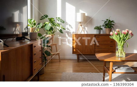 Bright living room featuring wooden mid-century furniture, lush green plants and pink tulips. Sunlight casts shadows creating a cozy atmosphere. Perfect for home decor and lifestyle blogs. 136399304