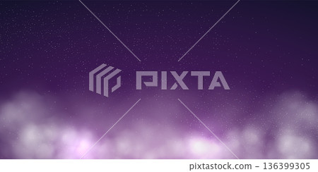 Star universe night purple blue sky with shining stars, cosmic dust and white clouds in the bottom. Magic universe background. Fantasy sky backdrop. Realistic vector Illustration 136399305