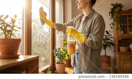 Smiling woman cleans window with natural cleaner spray and cloth in sunny room with plants. Scene conveys eco-friendly housekeeping and spring cleaning mood. Perfect for lifestyle blogs. 136399306