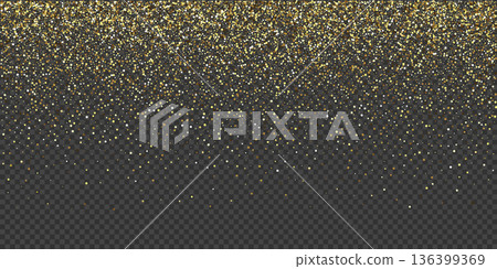 Gold glitter confetti background. Golden glittering dust on transparent background with copy space. Festive holiday shiny luxury backdrop. Abstract vector illustration 136399369