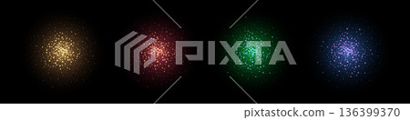 Sparkle color lights. Gold, red, green, blue glow stars isolated on black background. Sparkle glares in galaxy. Colorful flashes of light in space. Abstract vector illustration set 136399370