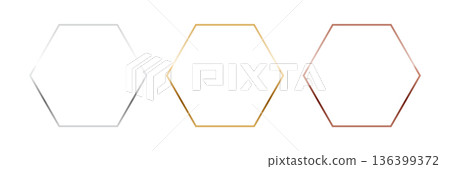 Gold, silver and bronze hexagon frames. Metal thin photo or picture frames isolated on transparent background. 3d realistic empty template vector illustration set 136399372