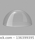 Glass dome, transparent ball, clear plastic cover. Empty glass protection case for product display. Force field shield bubble. Christmas snow globe. 3D realistic vector isolated on transparent 136399395