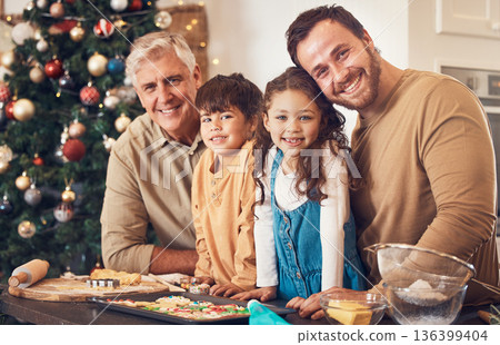 Christmas, portrait and family baking cookies in home, bonding and together. Xmas, cooking food and face smile of grandfather, dad and children with love at party, celebration and winter holiday 136399404