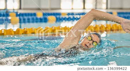 Sports, water or girl training in swimming pool for a race competition, exercise or cardio workout. Female swimmer, wellness or healthy woman exercising with fitness speed in practice or race Sports, water or girl training in swimming pool for a race competition, exercise or cardio workout. Female swimmer, wellness or healthy woman exercising with fitness speed in practice or race 136399422