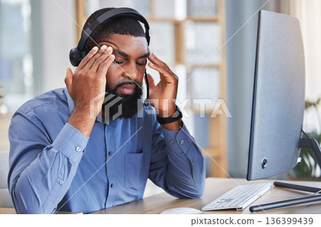 Business man, headache and call center stress, pain or communication mistake, error and sales crisis. Agent, consultant or african person on computer with brain fog, memory or telemarketing fail 136399439