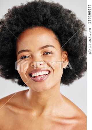 Portrait, happy black woman and face for skincare, aesthetic glow and dermatology on white background. Female model, natural beauty and afro hair in studio for shine, healthy facial cosmetic or smile Portrait, happy black woman and face for skincare, aesthetic glow and dermatology on white background. Female model, natural beauty and afro hair in studio for shine, healthy facial cosmetic or smile 136399455