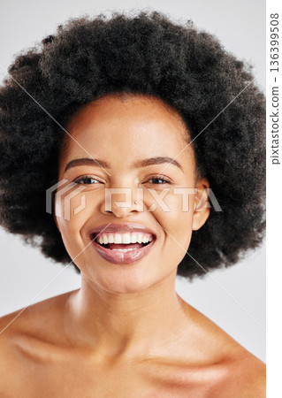 Cosmetics portrait, afro and African happy woman with beauty, skincare facial glow or healthy hair care, growth or texture. Studio face makeup, comedy joke and spa person laughing on white background 136399508