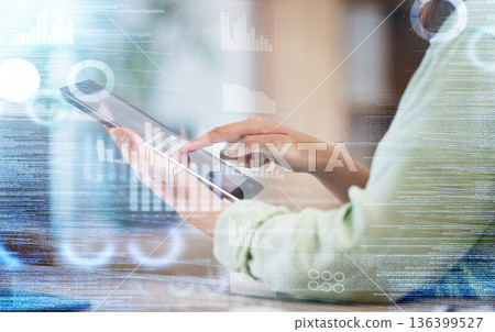 Hands of woman, dashboard and overlay of data analytics, tablet and research in stock market business management. Future technology, hologram with graphs and charts, trader with digital information. Hands of woman, dashboard and overlay of data analytics, tablet and research in stock market business management. Future technology, hologram with graphs and charts, trader with digital information. 136399527