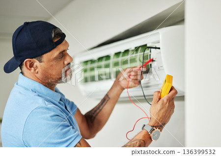 Electrician, multimeter and test for power, electricity or energy inspection on electrical box, system and voltage tools. Technician, engineer or handyman to measure current, supply or maintenance Electrician, multimeter and test for power, electricity or energy inspection on electrical box, system and voltage tools. Technician, engineer or handyman to measure current, supply or maintenance 136399532