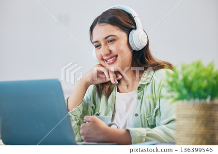 Laptop, education and headphones with woman in home office for elearning, study and blog. Digital, online class and college with female student and research for streaming, virtual and subscription Laptop, education and headphones with woman in home office for elearning, study and blog. Digital, online class and college with female student and research for streaming, virtual and subscription 136399546