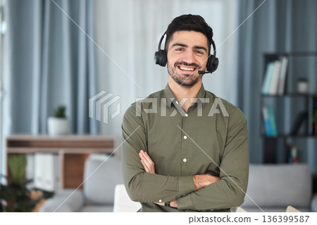 Man, portrait and microphone for working in home office for virtual assistant, voip communication and advisory telemarketing. Happy sales agent, remote worker and arms crossed for telecom consulting Man, portrait and microphone for working in home office for virtual assistant, voip communication and advisory telemarketing. Happy sales agent, remote worker and arms crossed for telecom consulting 136399587