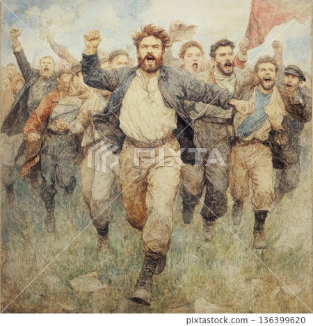 Determined Working Class Group Charging Forward In Historical Revolution 136399620