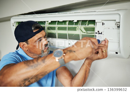 Electrician, tools and air conditioner with man and screwdriver for maintenance, ventilation and power. Engineering, electricity and inspection with technician and ac repair for fan and contractor 136399632