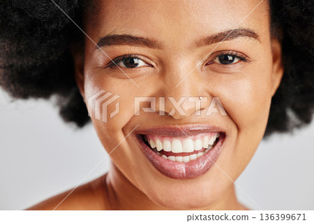 Beauty portrait, dental or African woman smile for studio skincare shine, facial cosmetics or clean teeth whitening. Natural aesthetic makeup, oral tooth care or happy person face on white background 136399671