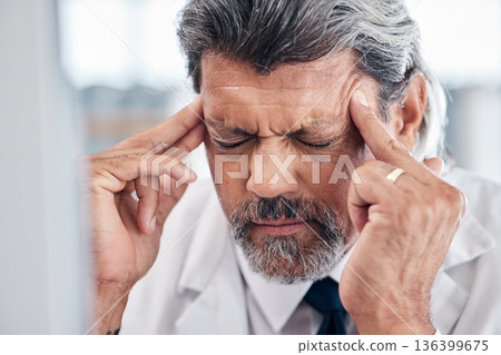 Headache, face and elderly business man depressed, frustrated and burnout from corporate mistake, stress or crisis. Human resources, migraine pain and senior HR person stress, problem or overwhelmed 136399675