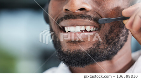 Mouth, man and communication for telemarketing in call center, customer service and advisory contact for CRM questions. Closeup face of happy sales agent, microphone and consultant of telecom support Mouth, man and communication for telemarketing in call center, customer service and advisory contact for CRM questions. Closeup face of happy sales agent, microphone and consultant of telecom support 136399810