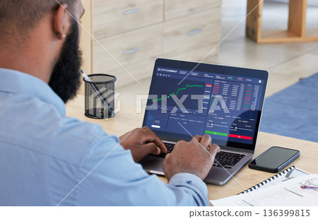 Laptop, finance and stock market with a man broker working in his office for trading investment or growth. Computer, financial and economy with a male trader banking or accounting in the workplace Laptop, finance and stock market with a man broker working in his office for trading investment or growth. Computer, financial and economy with a male trader banking or accounting in the workplace 136399815
