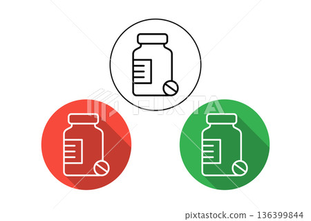 Medicine Bottle Icon Set in Circular Badges with Long Shadow Design for Health and Pharmacy Concepts. 136399844
