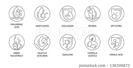 Skincare Active Ingredients Line Icons Set. Hyaluronic Acid, Retinol, Vitamin Care, SPF, Peptides, Antioxidants in a vector illustration Skincare Active Ingredients Line Icons Set. Hyaluronic Acid, Retinol, Vitamin Care, SPF, Peptides, Antioxidants in a vector illustration 136399873
