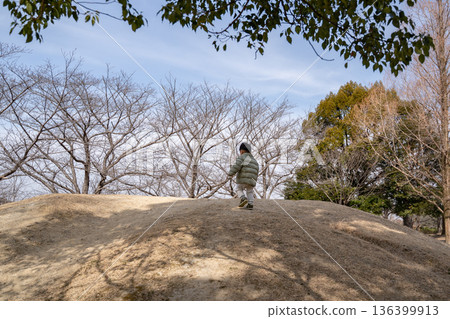 Boy climbing a dirt mountain in a winter park Boy climbing a dirt mountain in a winter park 136399913