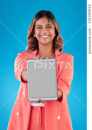Woman, tablet mockup and screen in portrait, app advertising and website ads isolated on blue background. Digital marketing, news and communication, female person with multimedia and technology brand Woman, tablet mockup and screen in portrait, app advertising and website ads isolated on blue background. Digital marketing, news and communication, female person with multimedia and technology brand 136399916