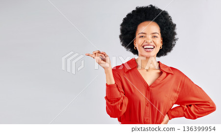 Portrait, pointing and black woman mockup, smile and promotion against a white studio background. Face, female person and model with hand gesture, showing and choice with presentation and opportunity Portrait, pointing and black woman mockup, smile and promotion against a white studio background. Face, female person and model with hand gesture, showing and choice with presentation and opportunity 136399954