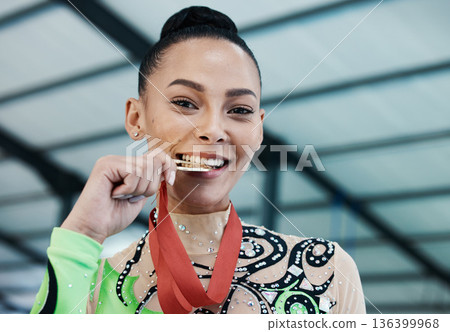 Medal, winner and portrait of woman with success in competition, gymnastics or gold, award and prize from achievement in tournament. Winning, athlete and celebration on podium in stadium or arena Medal, winner and portrait of woman with success in competition, gymnastics or gold, award and prize from achievement in tournament. Winning, athlete and celebration on podium in stadium or arena 136399968