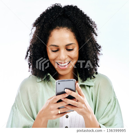 Phone, meme or happy woman texting for gossip or fake news isolated on a white background in studio. Smile, blog search or female person reading post on social media or typing a message on mobile app Phone, meme or happy woman texting for gossip or fake news isolated on a white background in studio. Smile, blog search or female person reading post on social media or typing a message on mobile app 136399995