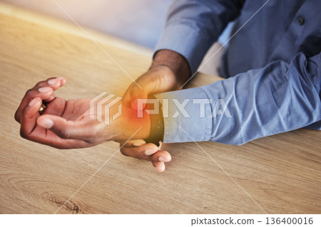Business person, wrist pain and red injury from osteoporosis, orthopedic joint and arthritis in office. Closeup, hands and worker with carpal tunnel, health risk and muscle fatigue of fibromyalgia Business person, wrist pain and red injury from osteoporosis, orthopedic joint and arthritis in office. Closeup, hands and worker with carpal tunnel, health risk and muscle fatigue of fibromyalgia 136400016