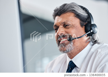 Call center, computer and happy man or consultant speaking, business sales or e commerce advice. Online agency, financial advisor or manager person for virtual communication and contact us on desktop 136400035