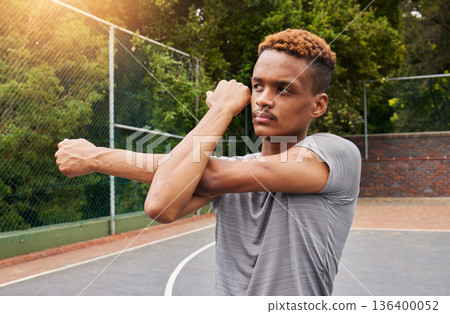 Man, basketball and stretching arms for sports flexibility, action and mobility. Workout, fitness and strong player with focus on court to prepare for training, exercise and thinking of competition Man, basketball and stretching arms for sports flexibility, action and mobility. Workout, fitness and strong player with focus on court to prepare for training, exercise and thinking of competition 136400052