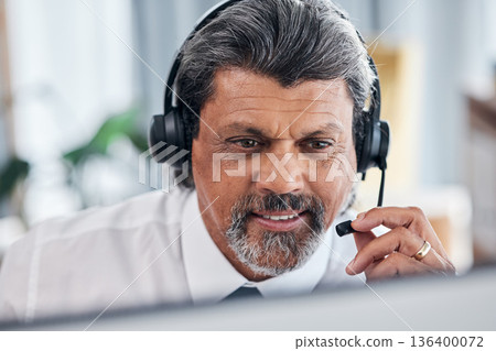 Call center, computer and business man or consultant speaking, sales or e commerce support. Online agency, financial advisor or manager person for virtual communication and contact us on desktop Call center, computer and business man or consultant speaking, sales or e commerce support. Online agency, financial advisor or manager person for virtual communication and contact us on desktop 136400072