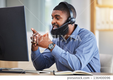 Business man, call center and computer for virtual communication, e commerce and customer service. Online agent, sales advisor and African person speaking, helping or online solution or telecom offer Business man, call center and computer for virtual communication, e commerce and customer service. Online agent, sales advisor and African person speaking, helping or online solution or telecom offer 136400096