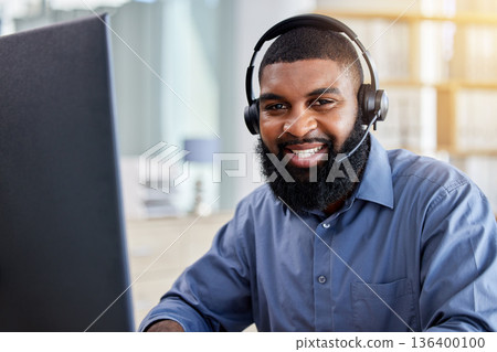Business man, portrait and call center, communication or consultant support in e commerce or customer service. Face of agent, website advisor or african person helping and online solution on computer Business man, portrait and call center, communication or consultant support in e commerce or customer service. Face of agent, website advisor or african person helping and online solution on computer 136400100